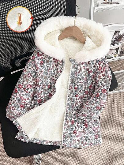 SHEIN Genkimix Kids Girls' Thick Fleece Hooded Jacket With Faux Fur Collar, Slim Fit, Zipper Closure, Suitable For 4-7 Years Old, Winter Outerwear Girls Floral Jacket Puffer Jacket Kids