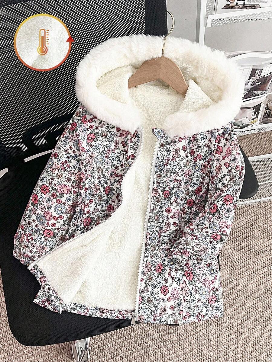 SHEIN Genkimix Kids 女童厚羊毛连帽夹克，人造毛领，修身款，拉链开合，适合 4-7 岁儿童，冬季外套 - 彩色 - 查看 1