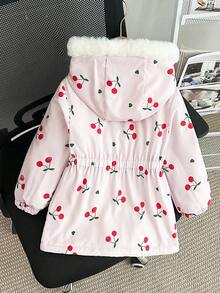 SHEIN Elladie kids 女童厚羊毛连帽夹克，人造毛领，修身款，拉链开合，适合 4-7 岁儿童，冬季外套 - 粉色 - 查看 4