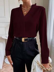 SHEIN PETITE Koszula damska w jednolitym kolorze, z dekoltem w serek i długim rękawem, na co dzień - Burgund - Zobacz 6