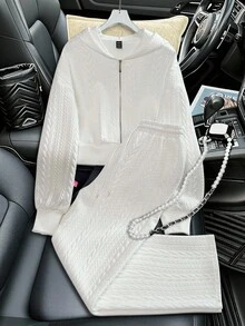 GlowEve 女士时尚休闲秋冬纯色提花加厚宽松两件套：超大落肩长袖全拉链前连帽夹克和高腰抽绳直筒裤