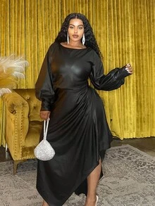 Veslaya 2025 秋冬大码女装连衣裙，Y2K 街头风格，不对称荷叶边下摆中长连衣裙，露肩灯笼袖，适合上学、上班、派对、约会、通勤、优雅、朋克、情人节、圣诞节 - 黑色 - 查看 7