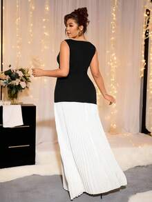 Cravure Plus Size Women Elegant V-Neck Color Block Party Dress