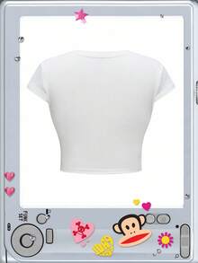 Paul Frank X ROMWE 大码夏季字母和猴子印花修身短款 T 恤 - 白色 - 查看 2