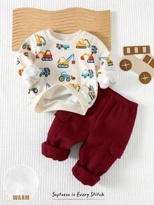 Cozy Pixies 2 件套男婴卡通鹤图案针织柔软圆领长袖套头衫和松紧腰裤套装 - 酒紅色 - 查看 4