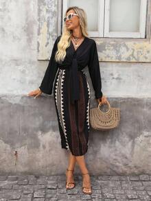 Brillora 女式几何印花拼接中长休闲连衣裙 - 黑色 - 查看 9