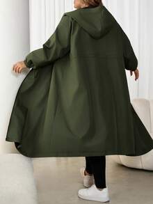 SHEIN CURVE+ 加大码女式绿色抽绳连帽保暖内衬长袖风衣，加大码女式连帽夹克雨衣秋冬装 - 綠色 - 查看 3