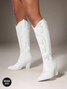 SHUZIA #WideCalf Women's Luxury Rhinestone Embroidery Pattern Snip Toe Block Heel Knee High White Cowgirl Boots-Sleek Silhouette With Timeless Rodeo Appeal For Christmas - White - View 1