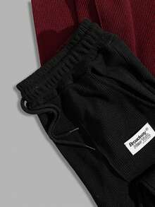 SHEIN Cottnline Men Waffle Fabric Patched Long Sleeve Regular T-Shirt Set - Burgundy - View 3