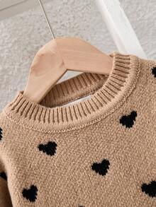 SHEIN 女嬰可愛心形圖案針織毛衣，長袖，適用於秋冬季節 - 棕色 - 查看 4