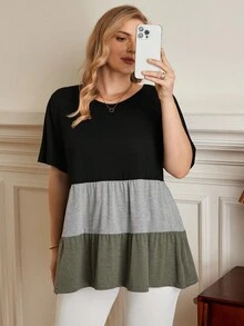 EMERY ROSE Áo dài tay ngắn cổ tròn phối màu cỡ lớn cho nữ, thường ngày vào mùa xuân và mùa hè, Ngày của Mẹ - Nhiều màu - Xem 5