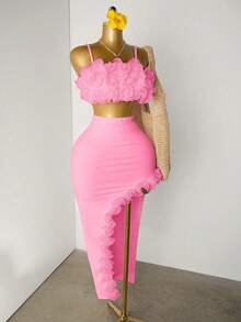 Mistrie Light Pink,Summer,70's,Party Disco,Party Night Fish Silk Thread 3D Flower Camisole Top&Split Long Skirt Two Pieces Set,White Solid Color Decoration - Pink - View 8