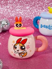 THE POWERPUFF GIRLS X SHEIN 1 件 500ml/17.6oz 卡通图案大容量陶瓷杯，带硅胶盖（不含吸管），可微波炉加热和洗碗机清洗，适用于牛奶、咖啡、果汁等。花朵/毛茛/泡泡 - 彩色 - 查看 7