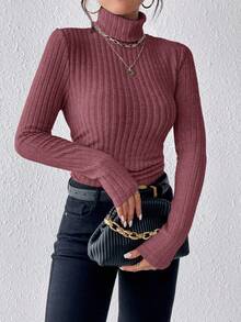SHEIN Frenchy Áo thun cổ lọ dệt kim gân vải họa tiết nhún bèo - Màu đỏ tím - Xem 3