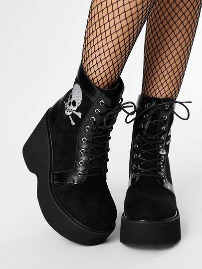 Grunge Punk Women's Thick Platform Wedge Ankle Boots, Gothic Punk Style Suede Skull Embroidery Pattern, Comfortable Back Zipper Black Chunky High Heel Boots