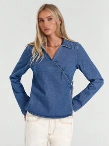 Avantive Aqua Blue,Autumn,Casual,Everyday Women's Cowgirl Denim Top,Turndown Collar Long Sleeve Wrap Tie Blue Washed Denim Blouse,Elegant Chic Vintage Shirt - Blue - View 4