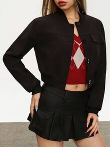 Rina Fox Women's Solid Color Long Sleeve Single-Breasted Baseball Collar Jacket, Autumn - Black - View 1