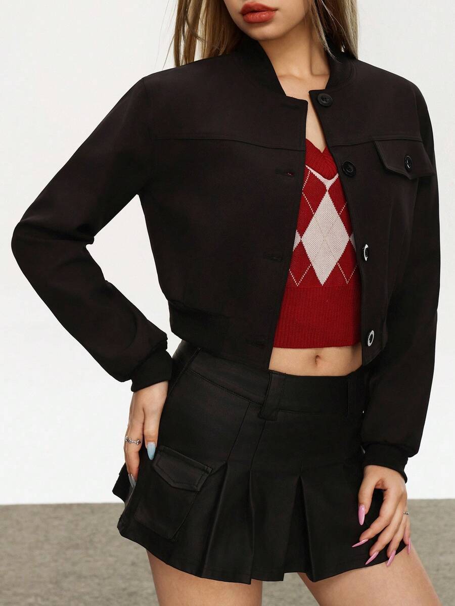 Rina Fox Women's Solid Color Long Sleeve Single-Breasted Baseball Collar Jacket, Autumn - Black - View 1