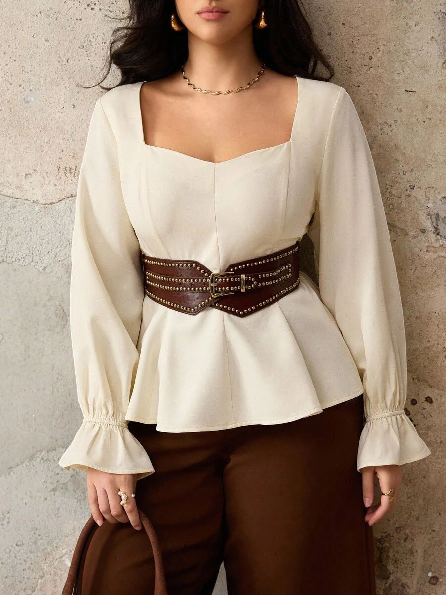 Roveilla 加大码 28+ 方领收腰多面料拼接设计喇叭下摆纯色长袖弹力袖口优雅简约衬衫，适合通勤、办公室、浪漫、西西里派对、秋冬 - 杏色 - 查看 1