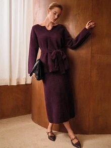 MOTF PREMIUM SOLID NOTCH NECK FLUFFY KNIT BELTED SWEATER & SPLIT BACK KNIT SKIRT SET - Violet Purple - View 5