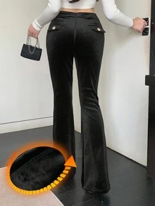 DAZY Quần ống loe đính nút kim loại thời trang thanh lịch, lót nhiệt dành cho nữ, quần dài thường ngày cơ bản cho mùa thu đông - màu đen - Xem 2