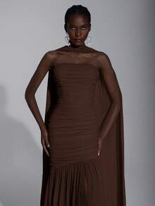 Elitara Elegant Cream Yellow Chiffon Halter Neck Dress (Detachable Sequins), Bust Ruched, Mesh Hem Fishtail, Suitable For Dates, Vacation, Weddings, Bridesmaid Events - Coffee Brown - View 3