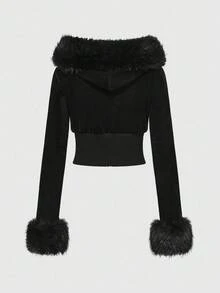 ROMWE J-Fashion 2 件 Y2K 天鹅绒水钻装饰女式运动衫套装，秋冬款 - 黑色 - 查看 6