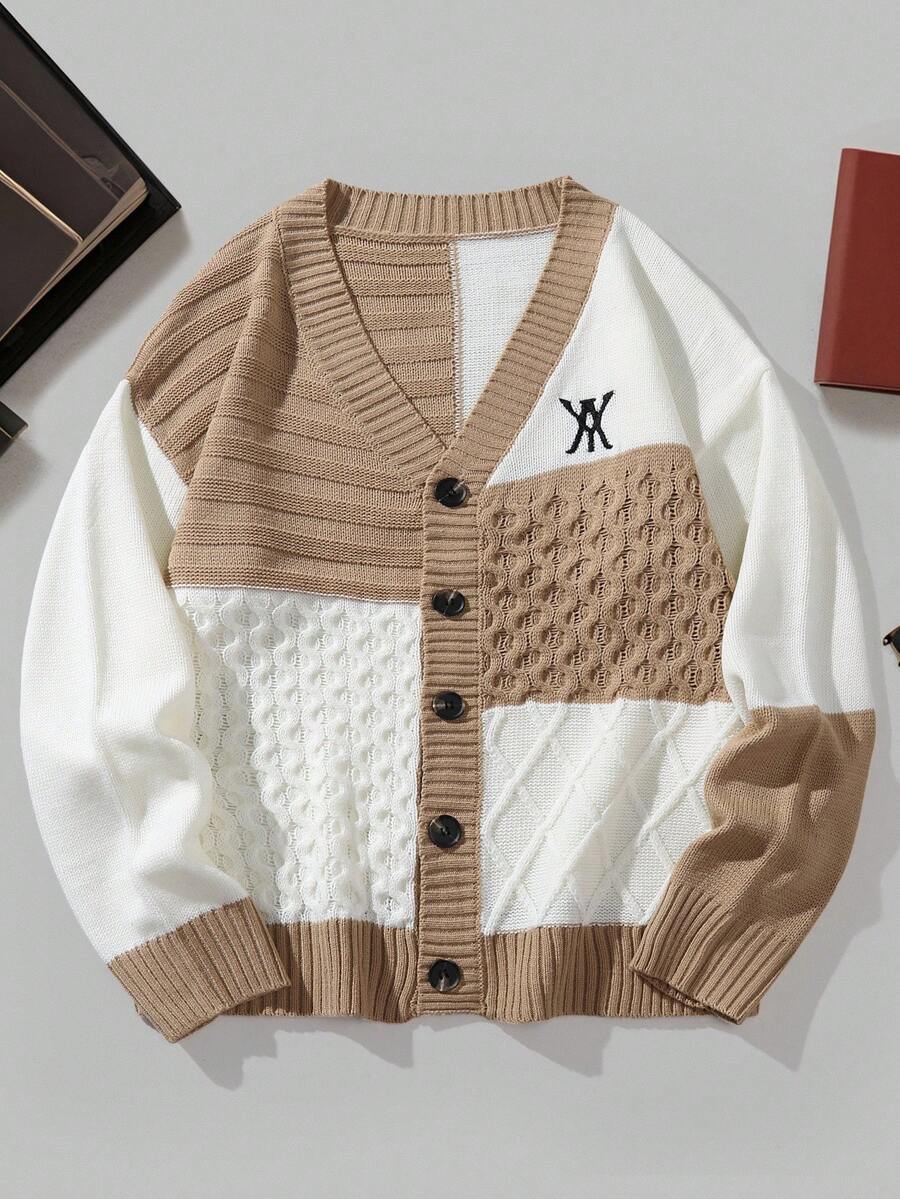 Manfinity Hypemode Áo khoác cardigan dệt kim đơn hàng ngày tay dài màu tương phản dành cho nam, mùa thu/đông - Màu be - Xem 1