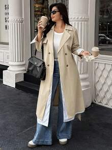 Easura 加大双排扣束带风衣 - 卡其色 - 查看 4