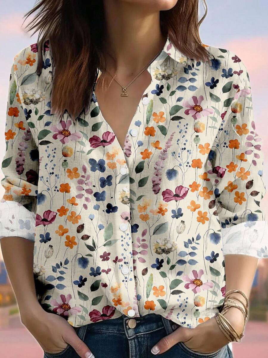 EMERY ROSE 女士休闲印花长袖翻领纽扣衬衫，适合休闲散步和造型，优雅长袖发髻，风格休闲，穿着舒适，设计新颖 - 彩色 - 查看 1