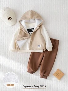 Cozy Pixies 3 件套男婴/女婴字母印花柔软针织连帽长袖运动衫、松紧腰运动裤和无袖羊毛背心套装 - 彩色 - 查看 11