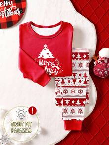SHEIN 1 套男婴圣诞树和字母印花圆领长袖上衣搭配全印花费尔岛圣诞树紧身裤秋季睡衣，圣诞主题服装 - 紅色 - 查看 5