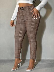 SHEIN SXY Quần âu ôm vừa vặn họa tiết răng sói màu nâu cỡ lớn dành cho nữ, mùa thu - màu nâu - Xem 5