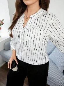 SHEIN LUNE 大码复古印花小碎花刺绣工艺立领可调节袖口宽松衬衫，秋季假日办公室优雅商务休闲女式上衣，休闲工作上衣条纹冬季舒适秋冬圣诞节新年感恩节派对女士复古风上衣 - 白色 - 查看 5