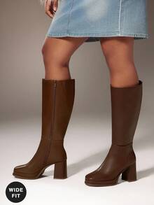 SHUZIA 女式宽筒靴，3.25 英寸粗跟，1 英寸厚底，方头，优质 PU 棕色及膝靴 – 时尚精致，彰显您的大胆秋冬风格 - 棕色 - 查看 2