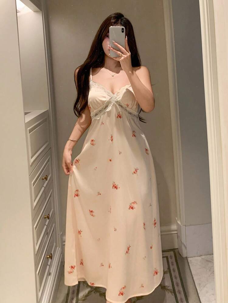 Floral Lace Patchwork Waist Cinched Long Slip Dress For Women Pajama