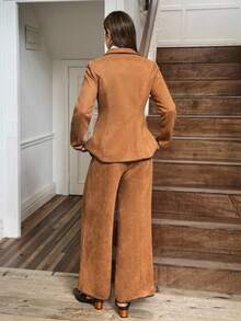 SHEIN LUNE 女士秋冬波西米亚复古系带刺绣绒面革翻领西装外套和裤子两件套 - 棕色 - 查看 2