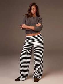 Athîral 女式条纹印花高腰休闲裤 - 黑與白 - 查看 3
