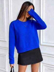 SHEIN Suéter de punto de cuello redondo de manga larga y unicolor de estilo casual - azul real - View 3