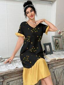 CottageSlumber Contrast Color Ruffle Hem Floral Print V-Neck Short Sleeve Nightgown - Black - View 4