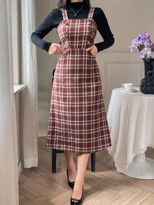 女式休闲格子无袖方领吊带中长连衣裙，秋季 - 紅色 - 查看 3