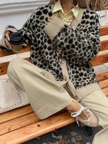DAZY 女式豹纹长袖单排扣休闲针织开衫，秋季 - 卡其色 - 查看 5