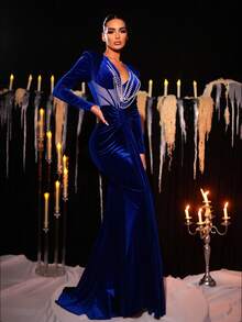 Glamrae Elegant Blue Luxury Velvet Evening Dress,Handmade Pearl Necklace V-Neck Long Sleeves See-Through Fishtail Skirt For Wedding,Party,Holiday Dance - Blue - View 6