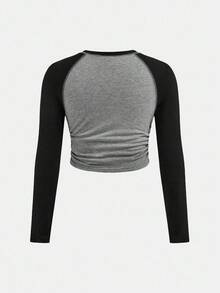 SHEIN 青少年女孩秋冬街头时尚休闲蝴蝶结印花拼色长插肩袖 T 恤，修身褶皱弧形下摆短款 T 恤 - 灰色 - 查看 4