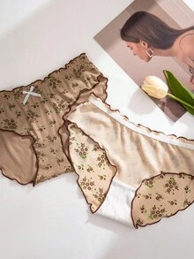PetitDoll 3-Pack Ditsy Floral Contrast Color Ruffle Trim Ribbed Knit Boyshort Panties, Countryside Style