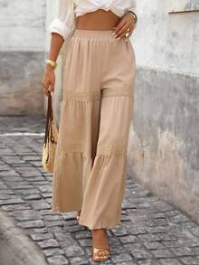 Brillora Women's Khaki Casual Lace Trim Wide Leg Pants,Boho Vacation Holiday Autumn Summer,Western Wear,Old Money Style,,Fall Winter,New Year Costume - Khaki - View 1