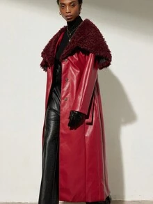 Aveloria Modichic 红色皮革拼接长款束腰夹克，复古优雅风格，适合秋冬季通勤和约会穿着，系带设计凸显身材。 - 紅色 - 查看 3