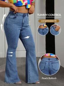 Slaydiva Plus Size Women High Waist Pockets Frayed Hem Flare Casual Jeans - Blue - View 1