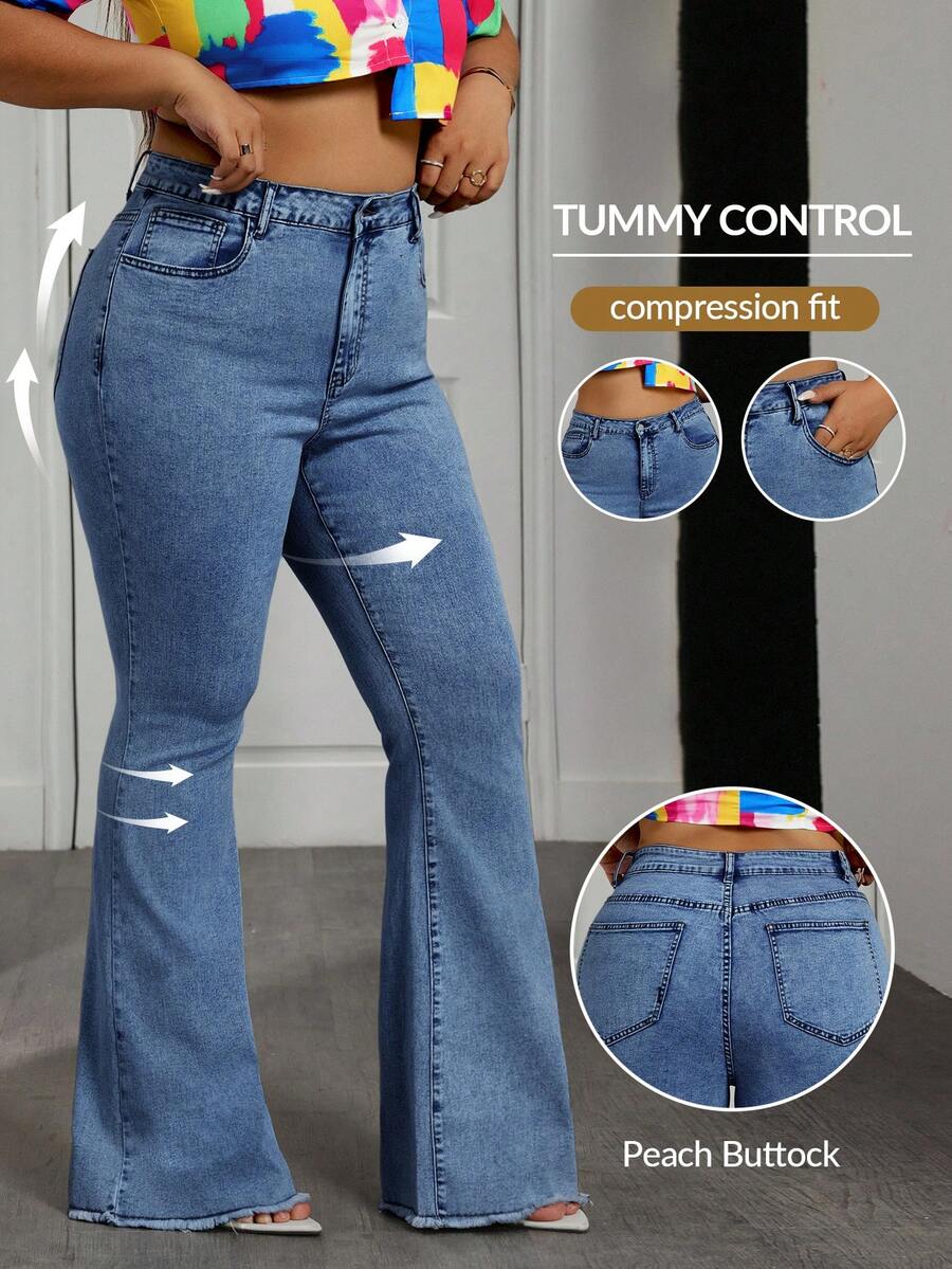Slaydiva Plus Size Women High Waist Pockets Frayed Hem Flare Casual Jeans - Blue - View 1