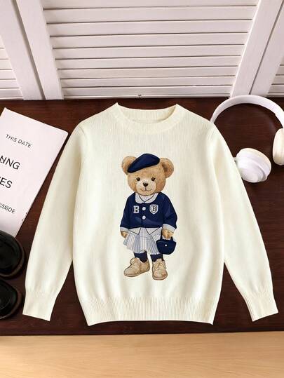 SHEIN 1pc Girls' Bear Print Long Sleeve Sweater, Casual & Fashionable For School, Suitable For Autumn/Winter Tops Bear Sweater Kids Knit Kids Jumper Sweater For Teens